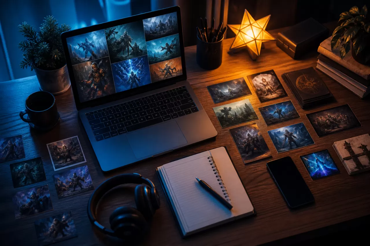 starph article research desk with laptop notebook and reference cards